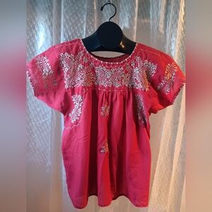 Red Embroidered Oaxaca Mexican Blouse Size L Preowned